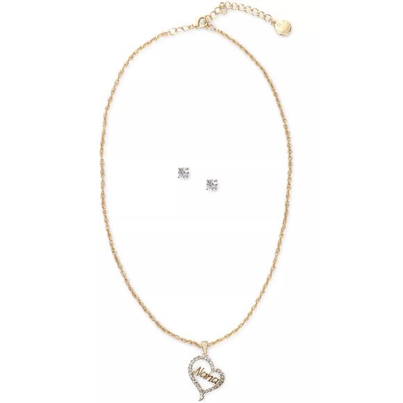 Charter Club Gold-Tone Crystal Nana Heart Pendant Necklace & Stud Earrings Set - Picture 2 of 7